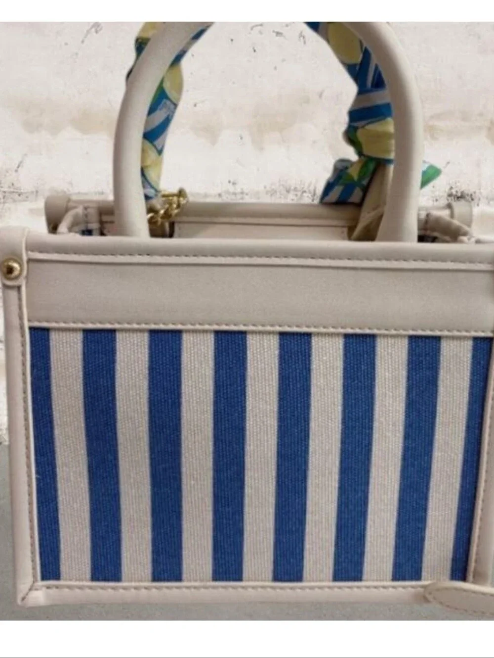 Betsey Johnson Blue Stripe Mini Satchel with Yellow Lemon Pom Charm NWT